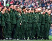 19 November 2000; The South African Rugby team stand for the National Anthem. International friendly, Ireland v South Africa, Lansdowne Road, Dublin. Picture credit: Aoife Rice / SPORTSFILE