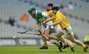 23 July 2005; Aidan Hanrahan, Offaly, is tackled by Carl McKeegan and Michael Kettle, right, Antrim. Guinness All-Ireland Senior Hurling Championship, Relegation Section, Semi-Final, Offaly v Antrim, Croke Park, Dublin. Picture credit; Brendan Moran / SPORTSFILE