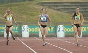 23 July 2005; Eventual winner Emily Maher, 401, Leevale A.C., in action against Ciara Sheehy, centre, Dublin City Harriers A.C., and Ailis McSweeney, left, Leevale A.C., during the Women's 200m Final at the AAI National Track and Field Championships. Morton Stadium, Santry, Dublin. Picture credit; Pat Murphy / SPORTSFILE