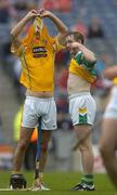 23 July 2005; Offaly's Brian Whelahan exchanges shirts with Johnny Campbell, Antrim, after playing his last game for Offaly. Guinness All-Ireland Senior Hurling Championship, Relegation Section, Semi-Final, Offaly v Antrim, Croke Park, Dublin. Picture credit; Brendan Moran / SPORTSFILE