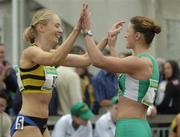 24 July 2005; Anna Boyle, Ballymena and Antrim A.C., right, winner of the Women's 100m Final is congratulated by second placed Derval O'Rourke, Leevale A.C., during the AAI National Track and Field Championships. Morton Stadium, Santry, Dublin. Picture credit; Pat Murphy / SPORTSFILE