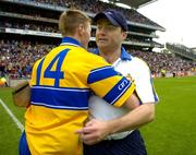 24 July 2005; Clare manager Anthony Daly celebrates with Niall Gilligan after the final whistle. Guinness All-Ireland Senior Hurling Championship Quarter-Final, Wexford v Clare, Croke Park, Dublin. Picture credit; Brendan Moran / SPORTSFILE