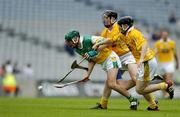 23 July 2005; Aidan Hanrahan, Offaly, in action against Carl McKeegan and Michael Kettle, right, Antrim. Guinness All-Ireland Senior Hurling Championship, Relegation Section, Semi-Final, Offaly v Antrim, Croke Park, Dublin. Picture credit; Brendan Moran / SPORTSFILE