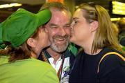 25 July 2005; Winner of a bronze medal at the World Transplant Games, Irish team captain Michael Dwyer is congratulated by his wife Bernie and his niece Rachal Walpole on his arrival at Dublin Airport. Irish World Transplant Games team homecoming, Dublin Airport, Dublin. Picture credit; Damien Eagers / SPORTSFILE
