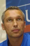 26 July 2005; Steuea Bucharest manager, Oleg Protasov, speaking at the Press Conference ahead of his sides UEFA Champions League game against Shelbourne, Burlington Hotel, Dublin. Picture credit; Matt Browne / SPORTSFILE