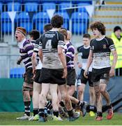 25 February 2014; Jack O'Hare, extreme left, Terenure College, celebrates a late try by team-mate Adam Le Grue, not pictured, as Patrick Ryan, 8, Newbridge College captain, looks on. Beauchamps Leinster Schools Junior Cup, Quarter-Final, Newbridge College v Terenure College, Donnybrook Stadium, Donnybrook, Dublin. Picture credit: Piaras Ó Mídheach / SPORTSFILE