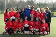 26 February 2014; Players from Caritas College with Leinster and Ireland player Sophie Spence and Leinster Rugby Women's Development Officer Jennie Bognell at the Dublin Girls Give It a Try Blitz. Templeogue United / St. Judes GAA Grounds, Dublin. Picture credit: Matt Browne / SPORTSFILE