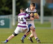 26 February 2014; Ruadhan Byron, Belvedere, is tackled by David Murtagh, Clongowes. Beauchamps Leinster Schools Junior Cup, Quarter-Final, Clongowes v Belvedere, Donnybrook Stadium, Donnybrook, Dublin. Picture credit: Matt Browne / SPORTSFILE