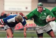 3 March 2000; Andy Ward, Ireland A, holds off a tackle by Ezio Galon, Italy A. Six Nations &quot;A&quot; Rugby International, Ireland A v Italy A, Donnybrook, Dublin. Picture credit: Matt Browne / SPORTSFILE