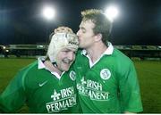 4 February 2000; Denis Hickie, Ireland A, kisses captain Shane Byrne, left, after victory over England Saxons. Six Nations &quot;A&quot; Rugby International, England Saxons v Ireland A, Franklins Gardens, Northampton, England. Picture credit: Matt Browne / SPORTSFILE