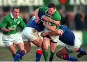 3 March 2000; John Kelly, Ireland A, is tackled by Carlo Gatti, 14, and Diego Colli, Italy A. Six Nations &quot;A&quot; Rugby International, Ireland A v Italy A, Donnybrook, Dublin. Picture credit: Aoife Rice / SPORTSFILE