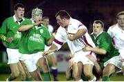 4 February 2000; Paul Gustard, England Saxons, is tackled by Simon Easterby, left, and Guy Easterby, Ireland A. Six Nations &quot;A&quot; Rugby International, England Saxons v Ireland A, Franklins Gardens, Northampton, England. Picture credit: Brendan Moran / SPORTSFILE