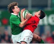 31 March 2000; Tyrone Howe, Ireland A, left, in a tussle for possession with Kevin Morgan, Wales A. Six Nations &quot;A&quot; Rugby International, Ireland A v Wales A, Donnybrook, Dublin. Picture credit: Aoife Rice / SPORTSFILE