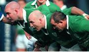 11 November 2000; The Ireland front row, from left, John Hayes, Keith Wood and Peter Clohessy prepare for a scrum. International Rugby Friendly, Ireland v Japan, Lansdowne Road, Dublin. Picture credit: Ray Lohan / SPORTSFILE