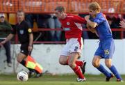 27 July 2005; Owen Heary, Shelbourne, in action against Mihai Nesu Mircea, Steuea Bucharest. UEFA Champions League, Second Qualifying Round, First Leg, Shelbourne FC v FC Steuea Bucharest, Tolka Park, Dublin. Picture credit; Brian Lawless / SPORTSFILE