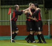 28 July 2005; Andy Myler, Longford Town, centre, celebrates his goal with team-mates Alan Kirby, left,  David Byrne, right, and Paul Keegan, hidden. UEFA Cup, First Qualifying Round, 2nd Leg, Carmarthen Town v Longford Town, Latham Park, Newtown, Wales. Picture credit; Matt Browne / SPORTSFILE