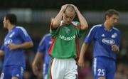 28 July 2005; Liam Kearney, Cork City, reacts to missing a goal chance against FK Ekranas. UEFA Cup, First Qualifying Round, 2nd Leg, Cork City v FK Ekranas, Turners Cross, Cork. Picture credit; Brendan Moran / SPORTSFILE