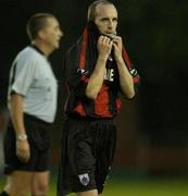 28 July 2005;  A dejected Alan Kirby, Longford Town, after the final whistle against Carmarthen Town. UEFA Cup, First Qualifying Round, 2nd Leg, Carmarthen Town v Longford Town, Latham Park, Newtown, Wales. Picture credit; Matt Browne / SPORTSFILE