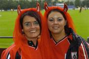 28 July 2005; Supporters Fiona Belton, left, and Triona Kenny, from Longford Town, pictured before the start of the game against Carmarthen Town. UEFA Cup, First Qualifying Round, 2nd Leg, Carmarthen Town v Longford Town, Latham Park, Newtown, Wales. Picture credit; Matt Browne / SPORTSFILE