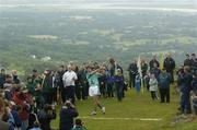 30 July 2005; Niall Quinn representing Dublin watches his first puc during the M. Donnelly Poc Fada na hEireann Final. Annaverna Mountain Ravensdale, Cooley Mountains, Co. Louth. Picture credit; Damien Eagers / SPORTSFILE