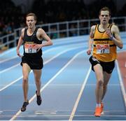 26 February 2014; Ross Millington, left, crosses the line to win the men's 3000m event during the AIT International Arena Grand Prix. Athlone Institute of Technology International Arena, Athlone, Co. Westmeath. Picture credit: Stephen McCarthy / SPORTSFILE