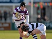 26 February 2014; Sean McCrohan, Clongowes, is tackled by Jack Robinson, Belvedere. Beauchamps Leinster Schools Junior Cup, Quarter-Final, Clongowes v Belvedere, Donnybrook Stadium, Donnybrook, Dublin. Picture credit: Matt Browne / SPORTSFILE