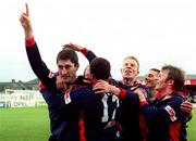 23 April 1999; Colin Hawkins of St Patrick's Athletic, left, celebrates with team-mates Stephen McGuinness, Trevor Croly and Trevor Molloy after scoring their side's opening goal during the Harp Lager National League Premier Division match between Shamrock Rovers and St Patrick's Athletic at Tolka Park in Dublin. Photo by David Maher/Sportsfile