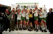 22 May 1993; The Cork City team celebrate with the Premier Division trophy after the Harp Lager National League Premier Division Final play-off match between Shelbourne and Cork City at the RDS Arena in Dublin. Photo by David Maher/Sportsfile