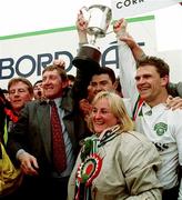 22 May 1993; Cork City manager Noel O'Mahony, left, and captain Declan Daly celebrate with Fergus O'Donoghue, centre, and club director Noelle Feeney and the Premier Division trophy after the Harp Lager National League Premier Division Final play-off match between Shelbourne and Cork City at the RDS Arena in Dublin. Photo by David Maher/Sportsfile