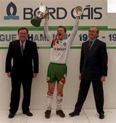 22 May 1993; Cork City captain Declan Daly celebrates with the Premier Division trophy after the Harp Lager National League Premier Division Final play-off match between Shelbourne and Cork City at the RDS Arena in Dublin. Photo by David Maher/Sportsfile