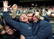 18 April 1993; Shelbourne manager Pat Byrne celebrates with Fred Davis, centre, and Jim McLoughlin at the final wihstle of the FAI Cup Final match between Shelbourne and Dundalk at Lansdowne Road in Dublin. Photo by David Maher/Sportsfile