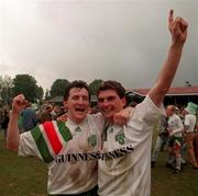 22 May 1993; John Caulfield, left, and Pat Morley of Cork City celebrate after the Harp Lager National League Premier Division Final play-off match between Shelbourne and Cork City at the RDS Arena in Dublin. Photo by David Maher/Sportsfile