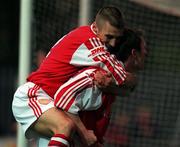 9 April 1999; Trevor Molloy of St Patrick's Athletic is congratulated by team-mate Trevor Croly, left, on scoring a goal during the Harp Lager National League Premier Division match between St Patrick's Athletic and Sligo Rovers at Richmond Park in Dublin. Photo by Matt Browne/Sportsfile