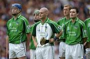 31 July 2005; Limerick players, from left, Brian Geary, Andrew O'Shaughnessy, Timmy Houlihan, Ollie Moran and Peter Lawlor stand for the national anthem before the game. Guinness All-Ireland Hurling Championship, Quarter-Final, Kilkenny v Limerick, Croke Park, Dublin. Picture credit; Brendan Moran / SPORTSFILE