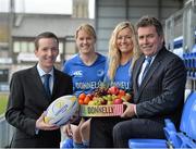 27 February 2014; Donnelly, Ireland’s leading fresh fruit and vegetable supplier, has been announced as the official new sponsor of the Leinster Women’s Rugby Team.The three year sponsorship deal will see the Donnelly logo appear on the Leinster Women’s Rugby team jersey as well as on items of the match-day and non-match-day training kit. Donnelly will also maximize the sponsorship through above-the-line and below-the-line promotional campaigns entitled ‘Powering the Mighty’ which will involve a complete marketing and PR campaign across Online, Social, and Print, as well as a high level of involvement at all levels of Leinster Women’s Rugby. Pictured are Leinster players Sharon Lynch, right, and Fionnuala Gleeson, Alan Waters, left, Marketing Manager, Donnellys, and Michael Dawson, CEO of Leinster Rugby. Donnybrook Stadium, Donnybrook, Dublin. Picture credit: Matt Browne / SPORTSFILE