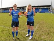27 February 2014; Donnelly, Ireland’s leading fresh fruit and vegetable supplier, has been announced as the official new sponsor of the Leinster Women’s Rugby Team.The three year sponsorship deal will see the Donnelly logo appear on the Leinster Women’s Rugby team jersey as well as on items of the match-day and non-match-day training kit. Donnelly will also maximize the sponsorship through above-the-line and below-the-line promotional campaigns entitled ‘Powering the Mighty’ which will involve a complete marketing and PR campaign across Online, Social, and Print, as well as a high level of involvement at all levels of Leinster Women’s Rugby. Pictured are Leinster players Fionnuala Gleeson, left, and Sharon Lynch. Donnybrook Stadium, Donnybrook, Dublin. Picture credit: Matt Browne / SPORTSFILE