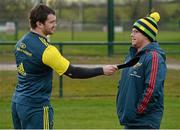 27 February 2014; Munster's Damien Varley in conversation with assistant performance analyst Elliot Corcoran before squad training ahead of their Celtic League 2013/14, Round 16, game against Scarlets on Saturday. Munster Rugby Squad Training, Cork Institute of Technology, Bishopstown, Cork. Picture credit: Diarmuid Greene / SPORTSFILE