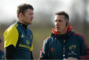 27 February 2014; Munster's Donnacha Ryan in conversation with head coach Rob Penney during squad training ahead of their Celtic League 2013/14, Round 16, game against Scarlets on Saturday. Munster Rugby Squad Training, Cork Institute of Technology, Bishopstown, Cork. Picture credit: Diarmuid Greene / SPORTSFILE