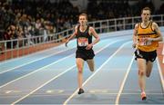 26 February 2014; Ross Millington, in lane 2, wins the men's 3000m event during the AIT International Arena Grand Prix. Athlone Institute of Technology International Arena, Athlone, Co. Westmeath. Picture credit: Stephen McCarthy / SPORTSFILE