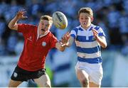 27 February 2014; Nathan Doran, left, CUS, in action against Reece Plumtree, Blackrock College. Beauchamps Leinster Schools Junior Cup, Quarter-Final, Blackrock College v CUS, Donnybrook Stadium, Donnybrook, Dublin. Picture credit: Piaras Ó Mídheach / SPORTSFILE