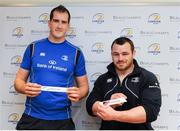 28 February 2014; Leinster's Devin Toner and Cian Healy draw out the names of Blackrock College and Terenure College during the Leinster Schools’ Junior Cup Semi-Finals Draw. Leinster Rugby Head Office, UCD, Belfield, Dublin. Picture credit: Piaras Ó Mídheach / SPORTSFILE