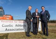 28 February 2014; Uachtáran Chumann Lúthchleas Gael Liam Ó Néill and Ard Stiúrthóir Páraic Ó Dúfaigh, left, with Minister for Transport, Tourism and Sport Leo Varadkar TD, right, at the ‘sod-turning’ of the new GAA development at the National Sports Campus, National Sports Campus, Blanchardstown, Dublin 15. Picture credit: Pat Murphy / SPORTSFILE