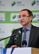 28 February 2014; Republic of Ireland manager Martin O'Neill speaking during the 2014 SSE Airtricity League Launch. Aviva Stadium, Lansdowne Road, Dublin. Picture credit: Ramsey Cardy / SPORTSFILE