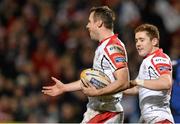 28 February 2014; Tommy Bowe, Ulster, celebrates with team-mate Paddy Jackson after scoring his second try of the night. Celtic League 2013/14, Round 16, Ulster v Newport Gwent Dragons. Ravenhill Park, Belfast, Co. Antrim. Picture credit: Oliver McVeigh / SPORTSFILE