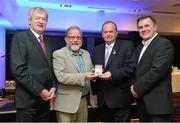 28 February 2014; Jerry Grogan, Cahersiveen, Co. Kerry, second from left, is presented with his Croke Park Voluntary Stewards Award by, from left, Ard Stiúrthóir of the GAA Páraic Duffy, Uachtarán Chumann Lúthchleas Gael Liam Ó Néill, and Peter McKenna, Croke Park Stadium & Commercial Director, during the Croke Park Annual Voluntary Stewards Dinner. Croke Park, Dublin. Picture credit: Matt Browne / SPORTSFILE