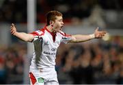 28 February 2014; Paddy Jackson, Ulster, reacts during the game. Celtic League 2013/14, Round 16, Ulster v Newport Gwent Dragons. Ravenhill Park, Belfast, Co. Antrim. Picture credit: Oliver McVeigh / SPORTSFILE