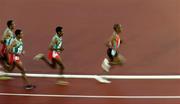 8 August 2005; Eventual winner Kenenisa Bekele, second from left, Ethiopia, in action against team-mates, eventual second placed, Sileshi Sihine, second from right, Abebe Dinkesa Negera, left, and Martin Irungu Mathati, Kenya, right, during the Men's 10,000m final. 2005 IAAF World Athletic Championships, Helsinki, Finland. Picture credit; Pat Murphy / SPORTSFILE