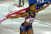 8 August 2005; Lauryn Williams, USA, celebrates after victory in the Women's 100m Final. 2005 IAAF World Athletic Championships, Helsinki, Finland. Picture credit; Pat Murphy / SPORTSFILE
