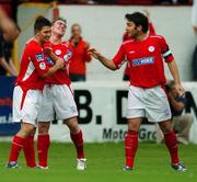 8 August 2005; Wesley Hoolahan, far left, Shelbourne, celebrates after scoring his sides first goal with team-mates Richie Baker, centre, and Stuart Byrne. eircom League, Premier Division, Shelbourne v Drogheda United, Tolka Park, Dublin. Picture credit; David Maher / SPORTSFILE