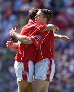 7 August 2005; Cork captain Owen Sexton, right, celebrates with team-mate Gary Murphy at the final whistle. Bank of Ireland Senior Football Championship Quarter-Final, Galway v Cork, Croke Park, Dublin. Picture credit; Brendan Moran / SPORTSFILE